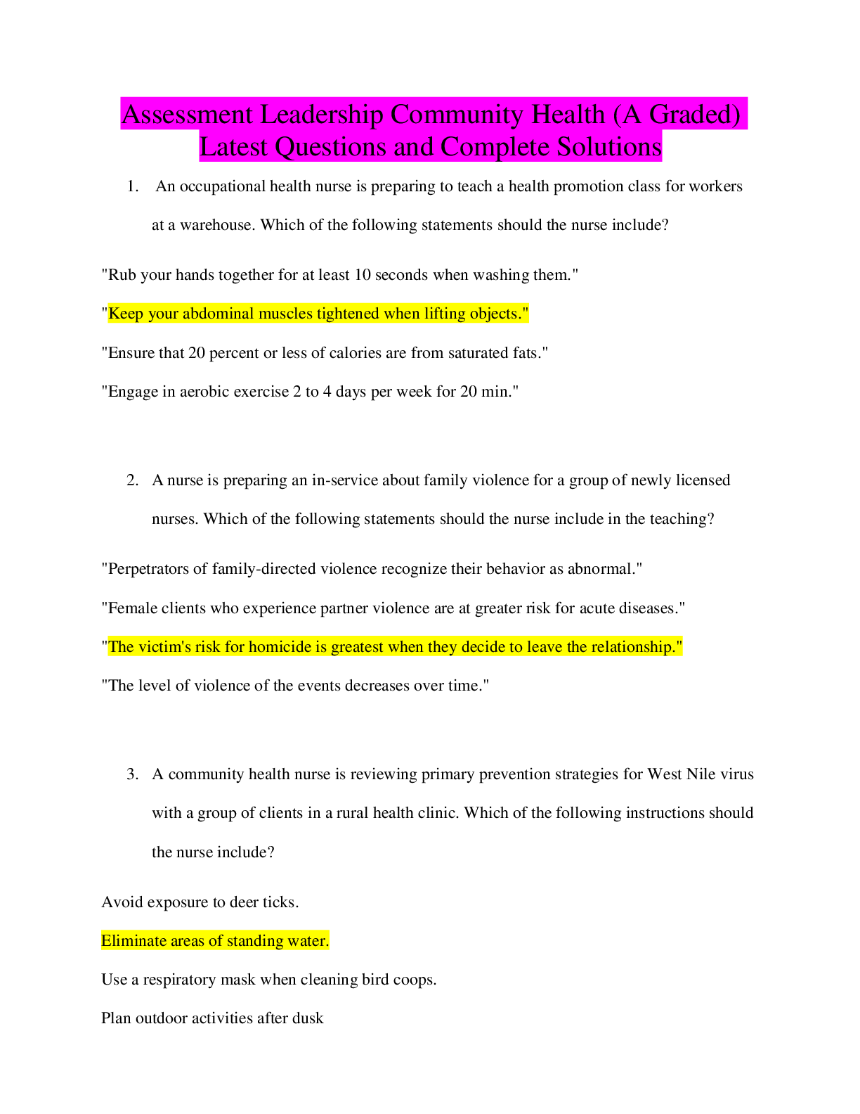 Preview image for Assessment Leadership Community Health (A Graded) Latest Questions and Complete Solutions